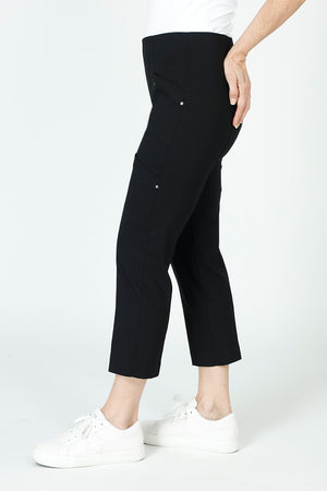 Elliott Lauren Slant Pocket Crop Cargo Pant in black.  Pull on pant with hidden elastic waistband.  Slant front cargo pockets.  2nd cargo pocket on side.  Stud detail.  Center seam detail.  24 1/2" inseam. _59451113079150
