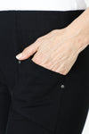 Elliott Lauren Slant Pocket Crop Cargo Pant in black.  Pull on pant with hidden elastic waistband.  Slant front cargo pockets.  2nd cargo pocket on side.  Stud detail.  Center seam detail.  24 1/2" inseam. _t_59451113046382