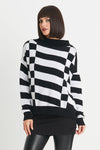 Planet Slanted Sweater in Black/White.  Geometric squares and slanted rectangles print front and back.  Mock neck with long sleeves.  Drop shoulders.  Rib trim at neck, cuff and hem.  Side slits.  Oversized fit.  Shorter length.  One size fits many._t_34273311490248