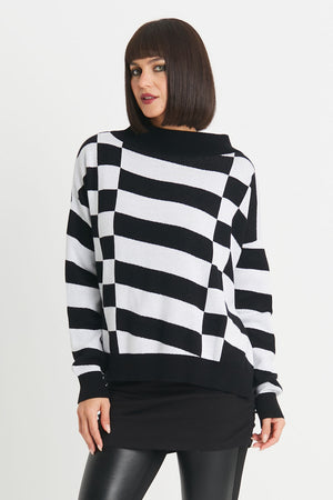 Planet Slanted Sweater in Black/White.  Geometric squares and slanted rectangles print front and back.  Mock neck with long sleeves.  Drop shoulders.  Rib trim at neck, cuff and hem.  Side slits.  Oversized fit.  Shorter length.  One size fits many._34273311490248