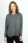 Planet Shabby Chic Sweater in  Asphalt. Solid pima/modal crew neck long sleeve sweater with notched curved side hem.  Rib trim at neck cuff and hem with distressed edges.  Oversized fit.  One size fits many._t_36064567230664