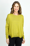 Planet Shabby Chic Sweater in Guacamole. Solid pima/modal crew neck long sleeve sweater with notched curved side hem.  Rib trim at neck cuff and hem with distressed edges.  Oversized fit.  One size fits many._t_36064567263432