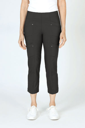 Elliott Lauren Slant Pocket Crop Cargo Pant in Anthracite.  Pull on pant with hidden elastic waistband.  Slant front cargo pockets.  2nd cargo pocket on side.  Stud detail.  Center seam detail.  24 1/2" inseam. _61236680753518