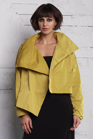 Planet Nylon Asymmetrical Jacket in Chartreuse.  Large collar asymmetrical front jacket.  Back comes to point.  No closures. Oversized fit.  One size fits many._61184970555758