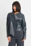 Planet Vegan Leather Asymmetrical Jacket in Obsidian, a dark gray. Open jacket with asymmetric hem and wide collar. Long sleeves._t_34300867772616