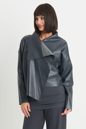 Planet Vegan Leather Asymmetrical Jacket in Obsidian, a dark gray. Open jacket with asymmetric hem and wide collar. Long sleeves._34300867772616