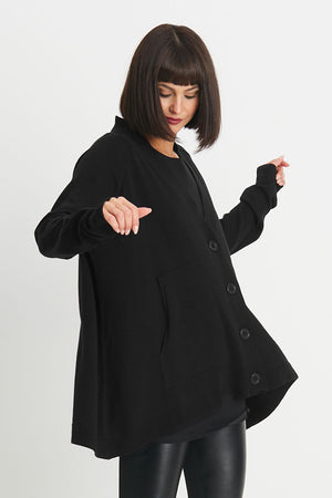 Planet Varsity Cardigan in Black. V neck oversized swing cardigan with 2 front patch pockets. Long sleeves. Rib trim at neck hem and cuff. One size fits many._34276441489608