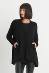 Planet Varsity Cardigan in Black.  V neck oversized swing cardigan with 2 front patch pockets.  Long sleeves.  Rib trim at neck hem and cuff.  One size fits many._t_34276441522376