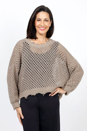 Planet Hamptons Sweater in Fawn. Chunky cotton cropped open weave pull over sweater. Solid rib neck, cuff and hem with distressed edges. Oversized fit. One size fits many._35285919858888