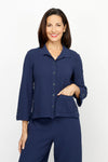Habitat Crinkle Crepe Camp Shirt in Navy.  Spread collar button down.  Seams wrap to front with 3 button vertical tab detail at hem.  3/4 sleeve with vertical button tab.  Single front patch pocket.  Relaxed fit._t_61206315630958