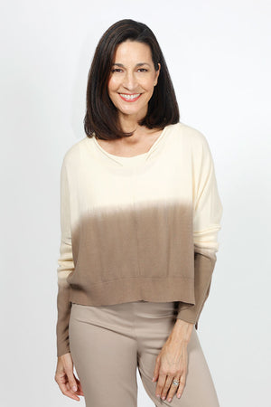 Planet Ombre Sweater in Butter/Fawn.  Cropped pullover with rolled crew neck.  Long sleeves.  Rib trim at hem and cuff.  One size fits many_34953396519112