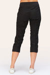 Wearables Iris Crop in Black.  2 1/2" jersey waistband with poplin body.  2 deep front pockets with grommet detail.  Center seams and contour seams.  Ruched detail front and back.  Front tulip hem.  22" inseam._t_61270052897134