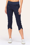 Wearables Iris Crop in Navy.  2 1/2" jersey waistband with poplin body.  2 deep front pockets with grommet detail.  Center seams and contour seams.  Ruched detail front and back.  Front tulip hem.  22" inseam._t_61270052929902