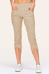 Wearables Iris Crop in Sand.  2 1/2" jersey waistband with poplin body.  2 deep front pockets with grommet detail.  Center seams and contour seams.  Ruched detail front and back.  Front tulip hem.  22" inseam._t_61270053028206