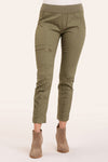 Wearables Malanda Pant in Hillside.  Pull on pant with 2 1/2" jersey elastic waistband.  Poplin body.  2 front slash pockets.  1 single zip front pocket.  Contour seams.  Ruched detail on front leg.  Jersey insets at side.  28" inseam. _t_61269626388846