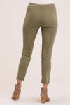 Wearables Malanda Pant in Hillside.  Pull on pant with 2 1/2" jersey elastic waistband.  Poplin body.  2 front slash pockets.  1 single zip front pocket.  Contour seams.  Ruched detail on front leg.  Jersey insets at side.  28" inseam. _t_61269626454382