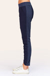 Wearables Malanda Pant in Navy.  Pull on pant with 2 1/2" jersey elastic waistband.  Poplin body.  2 front slash pockets.  1 single zip front pocket.  Contour seams.  Ruched detail on front leg.  Jersey insets at side.  28" inseam. _t_61269626519918