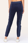 Wearables Malanda Pant in Navy.  Pull on pant with 2 1/2" jersey elastic waistband.  Poplin body.  2 front slash pockets.  1 single zip front pocket.  Contour seams.  Ruched detail on front leg.  Jersey insets at side.  28" inseam. _t_61269626552686