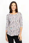 Sympli Go To Classic Relax Print Top in Painted Bloom. Small floral print in shades of blue and red on a neutral background. Modified crew neck 3/4 sleeve relaxed top with curved hem. Side slits. Relaxed fit_t_61384830157166