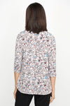 Sympli Go To Classic Relax Print Top in Painted Bloom. Small floral print in shades of blue and red on a neutral background. Modified crew neck 3/4 sleeve relaxed top with curved hem. Side slits. Relaxed fit_t_61384830189934