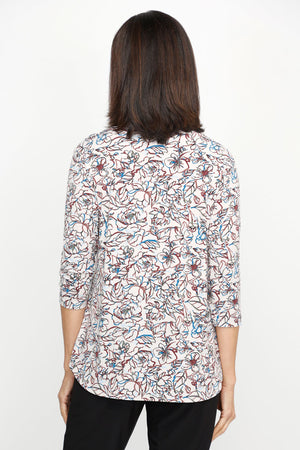Sympli Go To Classic Relax Print Top in Painted Bloom. Small floral print in shades of blue and red on a neutral background. Modified crew neck 3/4 sleeve relaxed top with curved hem. Side slits. Relaxed fit_61384830189934