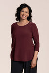 Sympli Go to Classic Relax in Melange Varsity, a deep garnet.  Crew neck, 3/4 sleeve top with curved hem and side slits.  Relaxed fit._t_61384809316718