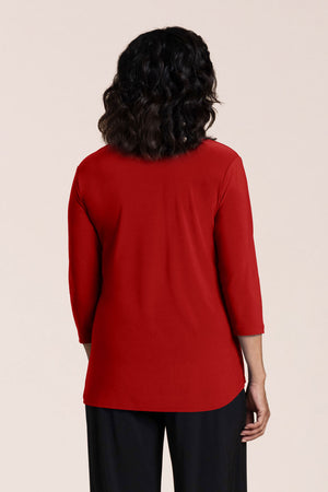 Sympli Go to Classic Relax in Red.  Crew neck, 3/4 sleeve top with curved hem and side slits.  Relaxed fit_61384809513326