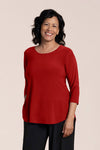 Sympli Go to Classic Relax in Red.  Crew neck, 3/4 sleeve top with curved hem and side slits.  Relaxed fit_t_61384809447790