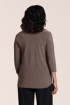 Sympli Go to Classic Relax in Tapenade.  Crew neck, 3/4 sleeve top with curved hem and side slits.  Relaxed fit._t_61384809546094