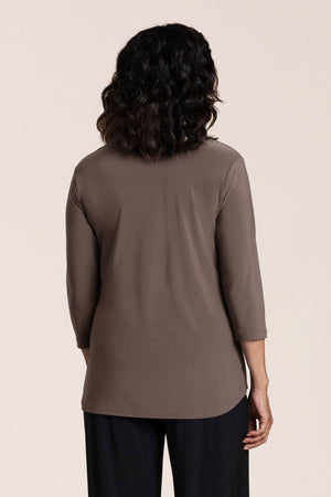 Sympli Go to Classic Relax in Tapenade.  Crew neck, 3/4 sleeve top with curved hem and side slits.  Relaxed fit._61384809546094