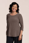 Sympli Go to Classic Relax in Tapenade.  Crew neck, 3/4 sleeve top with curved hem and side slits.  Relaxed fit._t_61384809382254