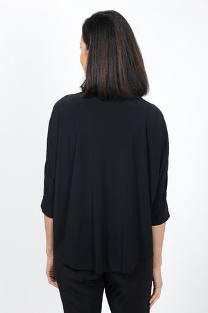 Sympli Convoy Top in Black. Boat neck relaxed top with elbow length slit sleeve. Functional buttons on sleeve. Slightly tapered to hem_35033450807496