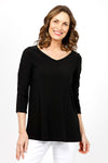 Sympli Revelry Ruched Sleeve Top in Black. V neck 3/4 sleeve with ruch detail down center sleeve. Side slits. A line shape. Relaxed fit._t_35242310992072