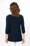 Sympli Revelry Ruched Sleeve Top in Navy. V neck 3/4 sleeve with ruched detail down center sleeve. Side slits. A line shape. Relaxed fit._t_35242324558024