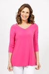 Sympli Revelry Ruched Sleeve Top in Peony. V neck 3/4 sleeve with ruched detail down center sleeve. Side slits. A line shape. Relaxed fit._t_35242311090376