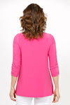 Sympli Revelry Ruched Sleeve Top in Peony. V neck 3/4 sleeve with ruched detail down center sleeve. Side slits. A line shape. Relaxed fit._t_35242310893768