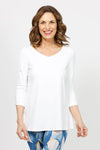 Sympli Revelry Ruched Sleeve Top in White. V neck 3/4 sleeve with ruched detail down center sleeve. Side slits. A line shape. Relaxed fit._t_35242310828232