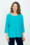 Sympli Splice Double Cuff Top in Gem, a bright jade.  Crew neck top with center seam and banded bottom.  3/4 sleeve with double cuff.  Raw edges.  Relaxed fit._t_59519404867950