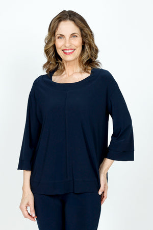 Sympli Splice Double Cuff Top in Navy.  Crew neck top with center seam and banded bottom.  3/4 sleeve with double cuff.  Raw edges.  Relaxed fit._59519404933486