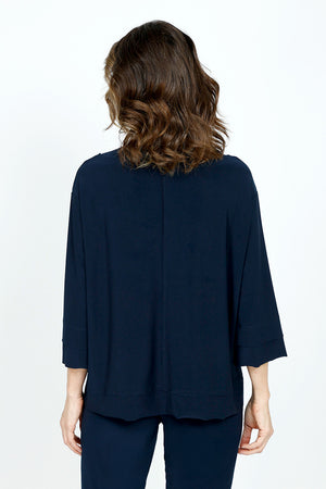 Sympli Splice Double Cuff Top in Navy.  Crew neck top with center seam and banded bottom.  3/4 sleeve with double cuff.  Raw edges.  Relaxed fit._59519404835182