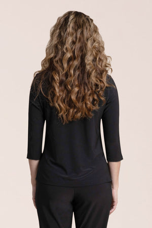 Sympli Suitable Split Sleeve Top in Black.  V neck center seam top with 3/4 sleeve split at hem.  Straight hem.  Relaxed fit._61399680450926