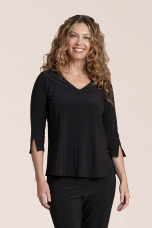 Sympli Suitable Split Sleeve Top in Black.  V neck center seam top with 3/4 sleeve split at hem.  Straight hem.  Relaxed fit._61399680385390