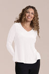Sympli Suitable Split Sleeve Top in White.  V neck center seam top with 3/4 sleeve split at hem.  Straight hem.  Relaxed fit._t_61465187320174