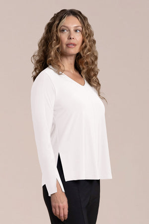 Sympli Suitable Split Sleeve Top in White.  V neck center seam top with 3/4 sleeve split at hem.  Straight hem.  Relaxed fit._61465187352942