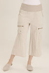 Wearables Pasqual Crop in Ripple Pigment.  Foldover jersey waistband with faux zipper placket.  2 deep front pockets.  Zipper detail and grommets below pockets.  Softly gathered at pockets.  2 rear patch pockets.  Wide leg with slightly flared hem and raw edge. 22" inseam._t_60009108504942