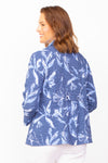 Habitat Pucker Scoop Pocket Jacket in Twilight blue with a blue and white floral print. Adjustable wire collar button down blouse/jacket with 3/4 sleeve with cuff. Front rounded patch pockets with button detail. Back tab with 2 buttons. Gently gathered below tab. Relaxed fit._t_35122609127624