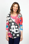 Tribut Abstract Boxy Top in Multi.  Bold mix of abstract circles and geometric blocks.  Crew neck 3/4 sleeve knit with curved hem.  Relaxed fit._t_35042904965320