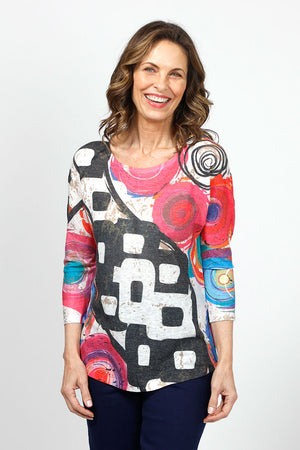 Tribut Abstract Boxy Top in Multi.  Bold mix of abstract circles and geometric blocks.  Crew neck 3/4 sleeve knit with curved hem.  Relaxed fit._35042904965320