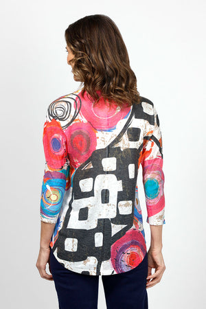 Tribut Abstract Boxy Top in Multi. Bold mix of abstract circles and geometric blocks. Crew neck 3/4 sleeve knit with curved hem. Relaxed fit._35042905063624