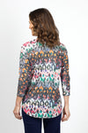 Tribut Geometric Abstract boxy Top. Bright multi colors with geometric oval overprint. Crew neck 3/4 sleeve top with curved hem. Fused seams. Relaxed fit._t_35043103342792